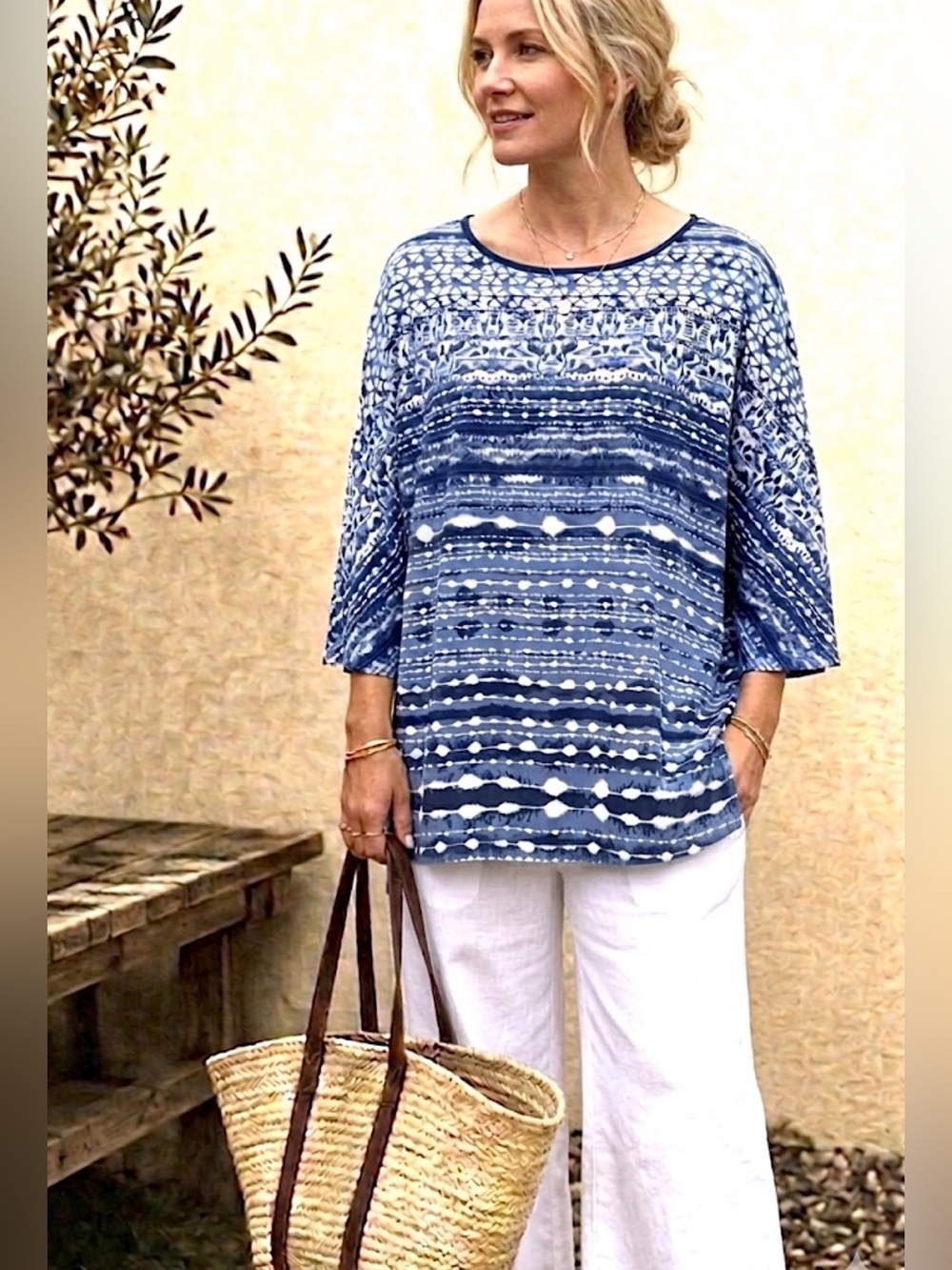 QVC BELLE KIM GRAVEL SATIN TOP 1X BLUE WHITE BOHO BATIK PRINT DOLMAN SLEEVES $65
